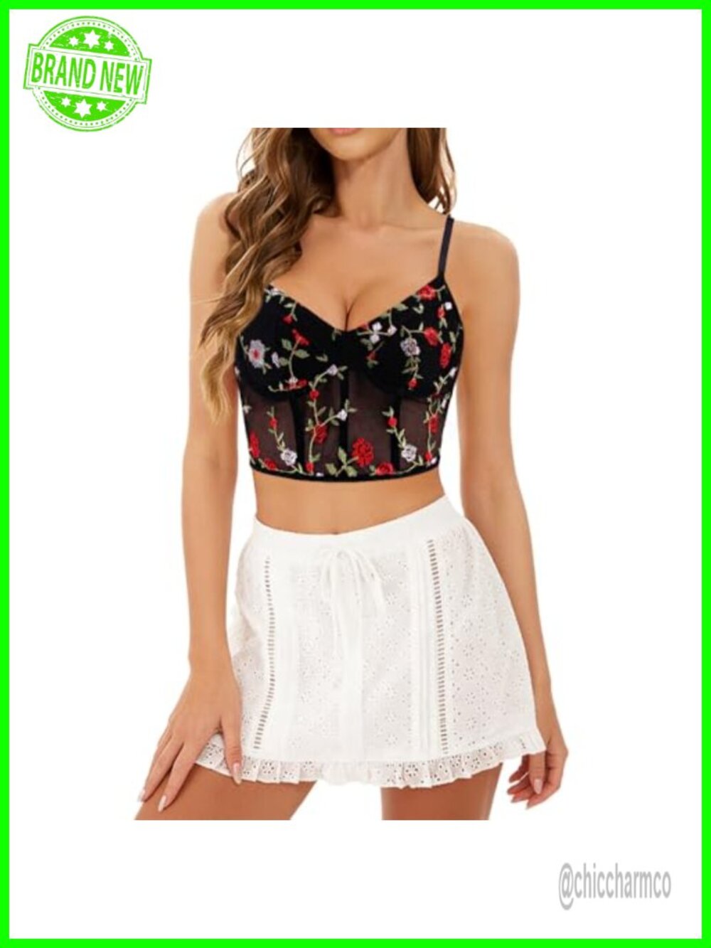 Women's Mesh Floral Embroidery Spaghetti Strap Crop Top Lace Trim Bralette